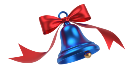 Shiny metallic blue christmas bell adorned with a vibrant red satin bow and flowing ribbon isolated on transparent background
