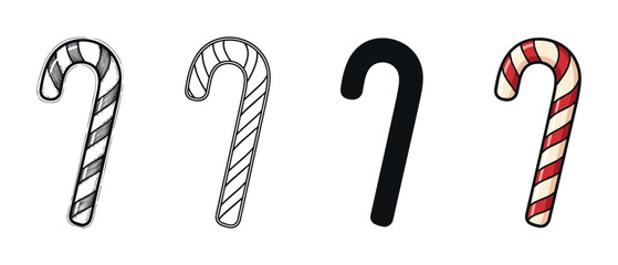 Set of four candy cane illustrations showing different artistic styles including hand-drawn sketch, simple outline, solid black silhouette, and a classic red and white cartoon version