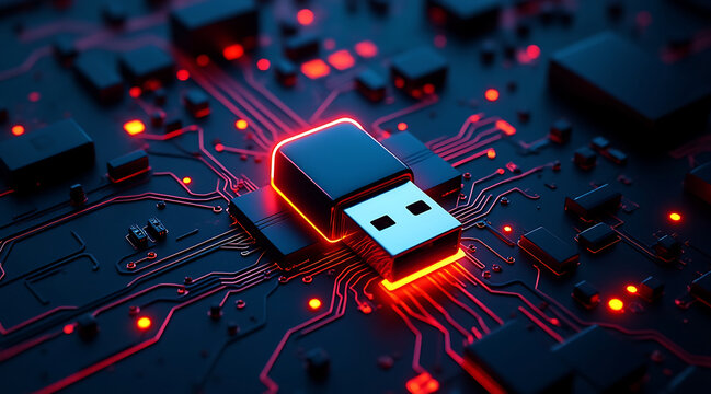 Futuristic USB drive glowing with red light on dark circuit board, symbolizing advanced technology and digital connectivity