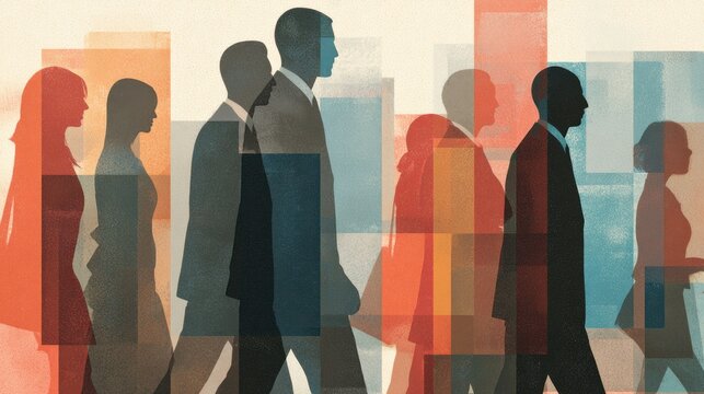 Silhouettes of people in business attire walking with overlapping abstract geometric shapes in warm and cool colors