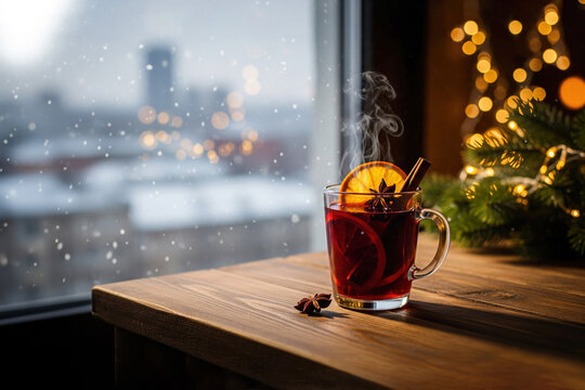 Glass cup of hot tea or mulled wine with lemon slice on a wooden table near a window with a snowy city view and garland lights. Christmas tree. Xmas Eve. Happy New Year. Winter festive mood. Holidays.