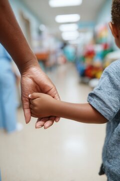 Adult hand holding child hand, symbolizing support and care in a medical environment