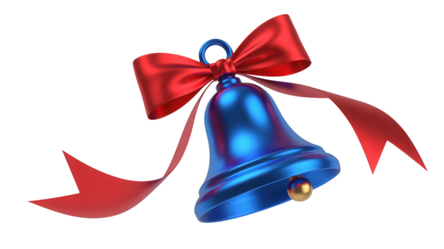 Shiny metallic blue christmas bell adorned with a vibrant red satin bow and flowing ribbon isolated on transparent background - Powered by Adobe