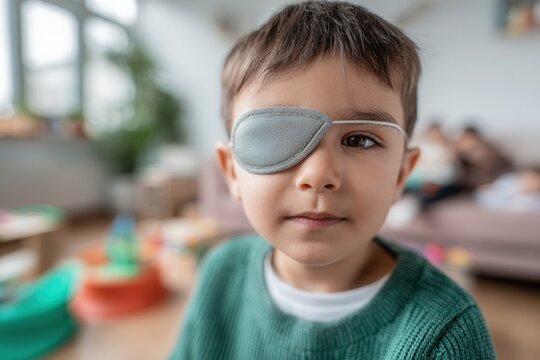 Young boy wearing a medical eye patch looks directly at the camera