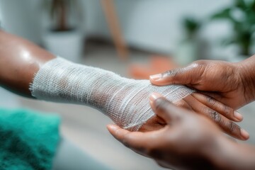 Healthcare worker's hands placing gauze bandage on person's arm, providing care and protection