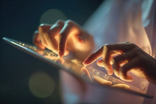 Doctor hands interacting with a glowing digital tablet providing healthcare information