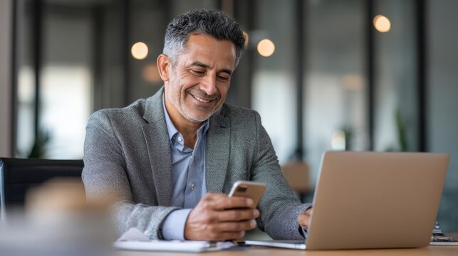Smiling middle aged businessman in blazer looking at smartphone near open laptop
