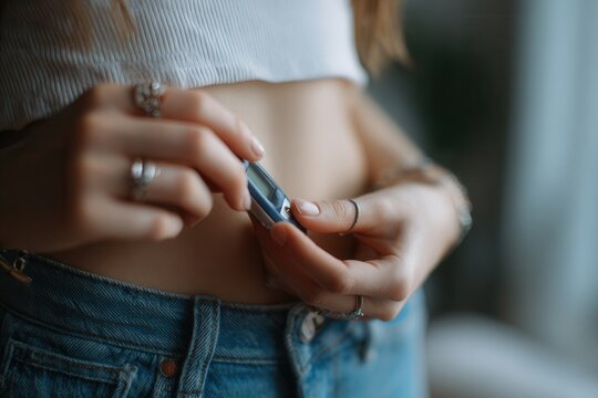 Woman adjusting a wearable health device on her abdomen, managing chronic condition
