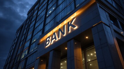 Naklejka premium Modern bank building exterior illuminated at dusk with glowing sign and reflective windows