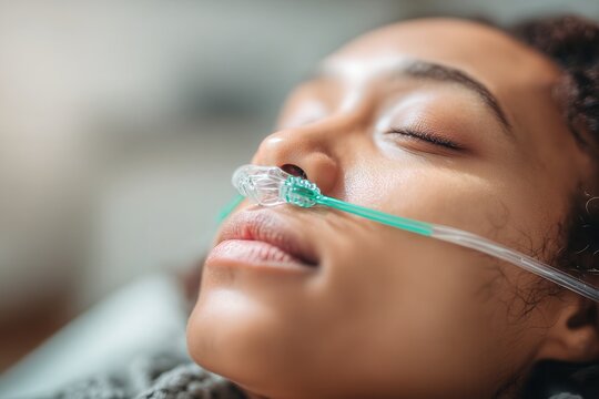 Patient lying with closed eyes, receiving medical oxygen via a nasal cannula for respiratory support