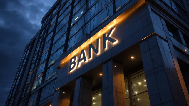 Modern bank building exterior illuminated at dusk with glowing sign and reflective windows