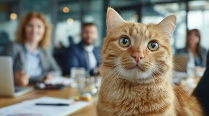 Orange tabby cat sits in a blurred office meeting with people in the background
