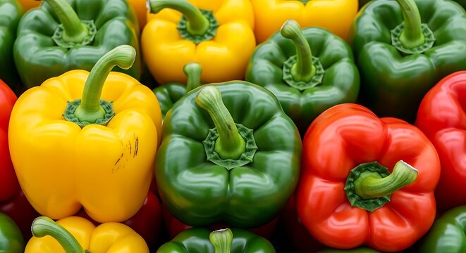 A close up view of a pile of colorful bell peppers in shades of green yellow and red with stems