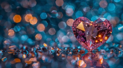 Pink crystal heart on reflective surface with shimmering lights and soft focus bokeh for valentine s