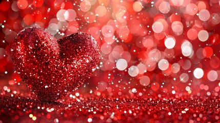 Vibrant red sequin heart with sparkling confetti and glowing bokeh for a romantic celebration