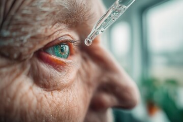 Elderly person getting a liquid drop applied to eye, providing medical care
