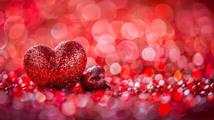 Bright red sequin heart surrounded by tiny sparkling confetti, intense glowing bokeh, festive romantic composition