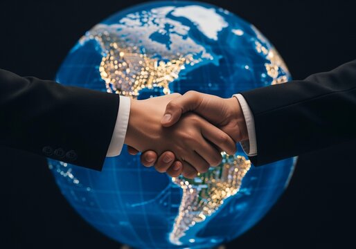 Global business agreement demonstrated through professional handshake