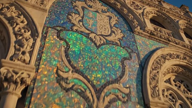 Historical building with opal mosaic facade in sunlight