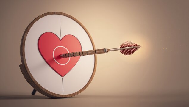 Dart Hitting Red Heart Shape Bullseye: Love and Dating Success Concept
