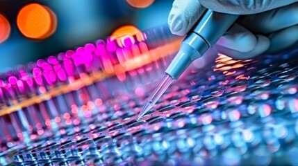 Medical and scientific banner featuring 8 channel pipette and 96 well test plate for dna research