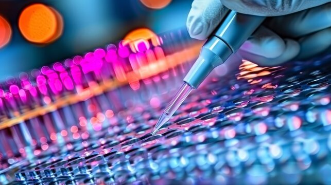 Medical and scientific banner featuring 8 channel pipette and 96 well test plate for dna research