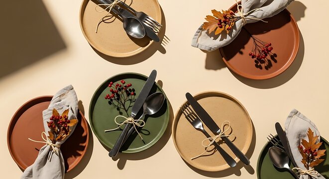 Elegant thanksgiving table setting with colorful plates and autumnal decorations in warm sunlight