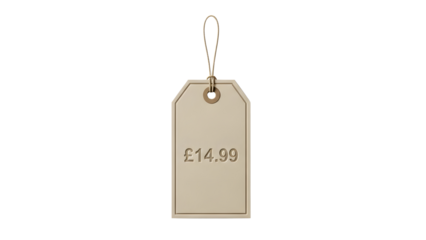 Isolated beige price tag with £14.99 on black background, ideal for shopping promotions.