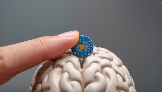 Hand Placing Blue Microchip on Human Brain Model: AI and Biotech Concept