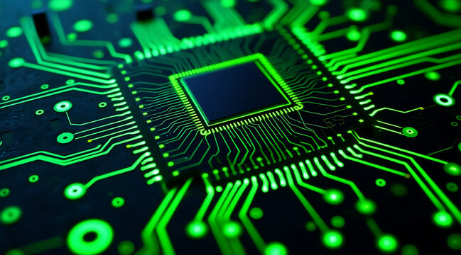 Glowing lime circuit board plate with illuminated electronic pathways and central microchip creating futuristic technology vibe