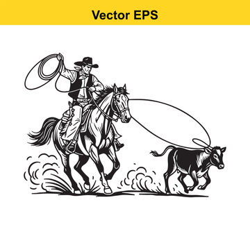 Vintage style vector illustration of cowboy roping a calf on horseback