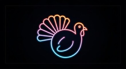 Neon turkey illustration glowing with vibrant colors against a dark background for thanksgiving design