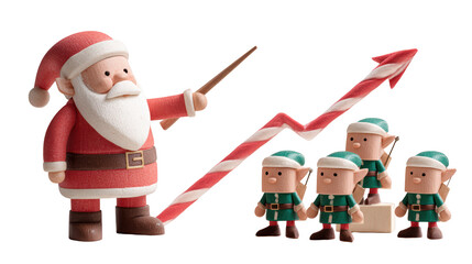 Santa Claus Presenting Growth Chart to Christmas Elves, 3D Holiday Business Concept