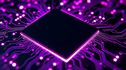 Glowing purple circuit board plate with illuminated microchip and electronic pathways creating futuristic technology vibe