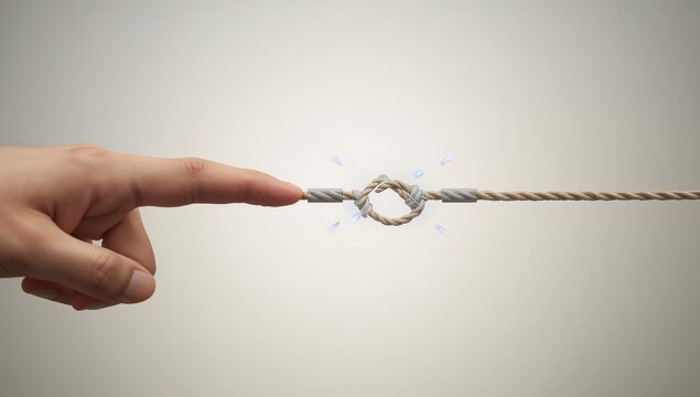 "Hand touching frayed rope knot with blue sparks on neutral background"