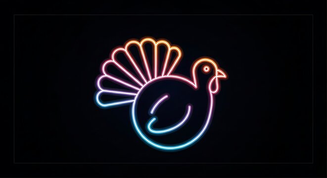 Neon turkey illustration glowing with vibrant colors against a dark background for thanksgiving design