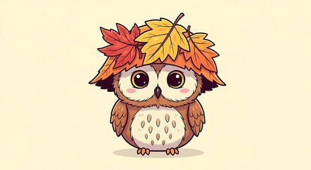 Adorable cartoon owl wearing a hat made of autumn leaves in a whimsical seasonal illustration