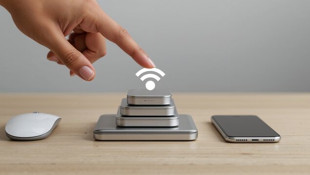 Hand activating stacked smart devices with Wi-Fi symbol in modern workspace"