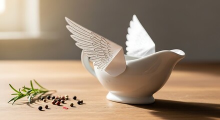 Gravy boat with paper wings and spices creating a whimsical food presentation on a wooden table