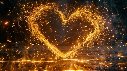 Dynamic surreal heart of fire bursting into golden particles with red and orange sparks in air