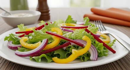 Close up of a salad with lettuce yellow peppers red peppers and red onions on a white plate near carrots