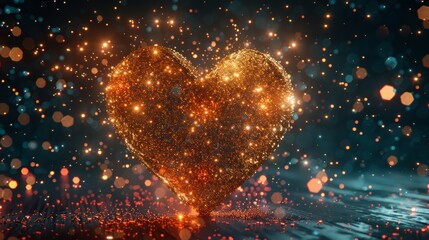 Surreal glowing heart explosion  golden particles and dynamic energy in a dramatic valentine scene
