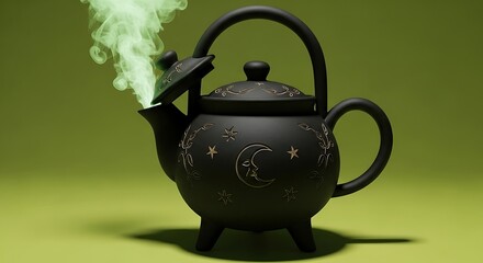 Black cauldron with green smoke emanating from its spout on a green background creating a spooky scene