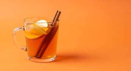 Glass mug of warm apple cider with cinnamon sticks and apple slices on a vibrant orange background