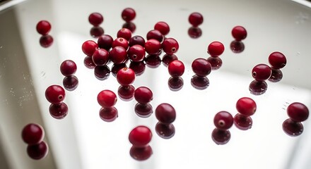Fresh cranberries scattered on a reflective surface creating a vibrant and festive holiday background