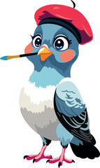 Pigeon Wearing Beret with Paintbrush