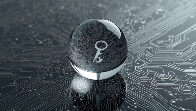 "Glossy black sphere with key symbol and circuit patterns on reflective surface"