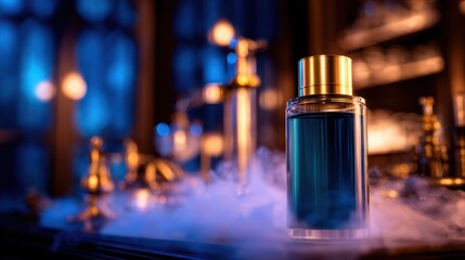 Elegant perfume bottle surrounded by mist in a dimly lit bar with golden accents and soft lighting