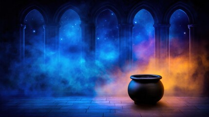A mystical cauldron surrounded by colorful fog in an ancient stone archway setting at night
