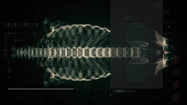 Biotech X-ray view of ribcage and thoracic spine with advanced HUD data, anatomical mapping, and high-tech medical diagnostics for futuristic healthcare visualization
